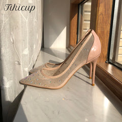 Tikicup Nude Back Women Gauze Transparent Pointy Toe High Heel Wedding Bridal Shoes