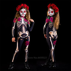 Halloween Dress Scary Costume Rose Skeleton Adult Kids Cosplay Jumpsuit