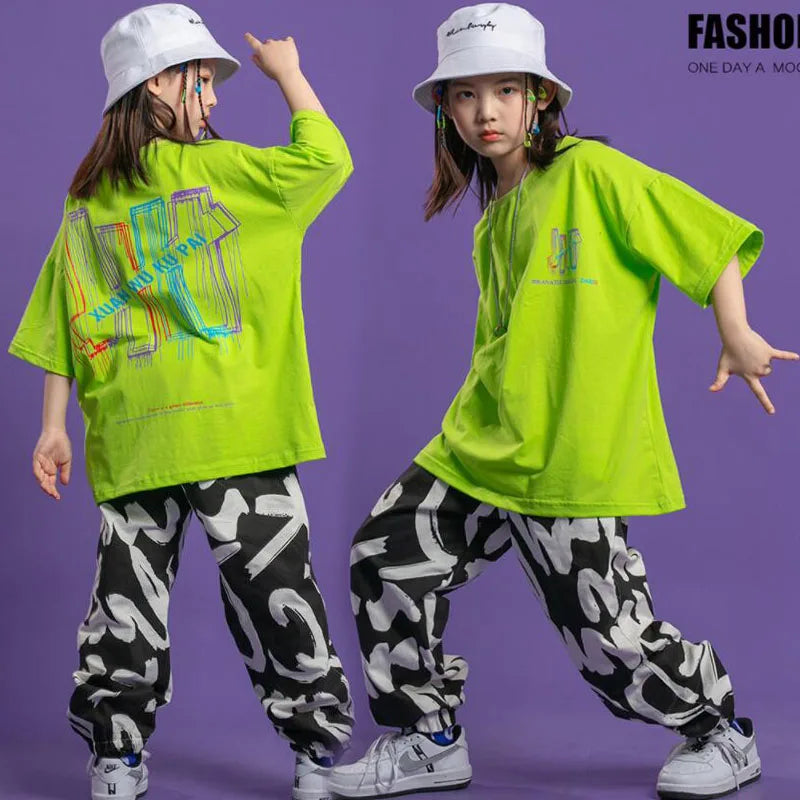 Girls Jazz Dance Costumes Hip Hop Outfits Loose T-shirt Jogger Pants
