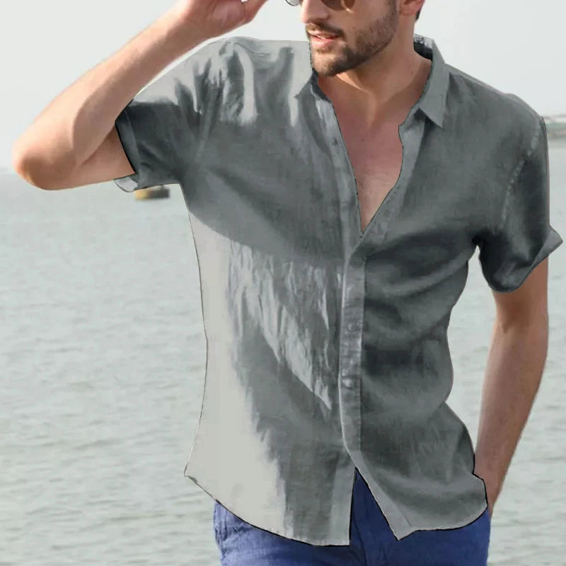 Men's Casual Short Sleeve Shirt Street Wear Lapel Button Solid Color Cotton Linen Shirt for Men