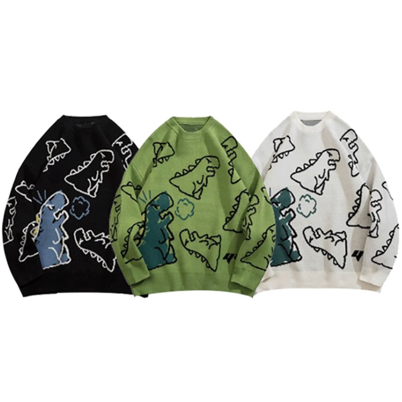 Sweater Men Harajuku Fashion Knitted Hip Hop Streetwear Dinosaur Cartoon Pullover Oversized Casual O-Neck Women Vintage Sweaters