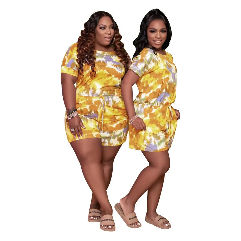 Jumpsuit Plus Size Women Clothing Tie Dye Round Neck Pockets Casual Playsuits