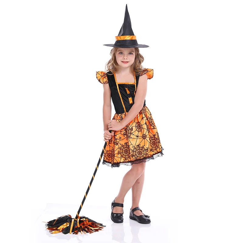 Children Girls Halloween Cosplay Witch Costume With Hat Witch Dress Clothing Set