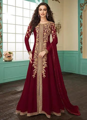 Burgundy Slit Style Embroidered bridal Anarkali Suit indian wear festival gold lace applique long sleeve wedding dress