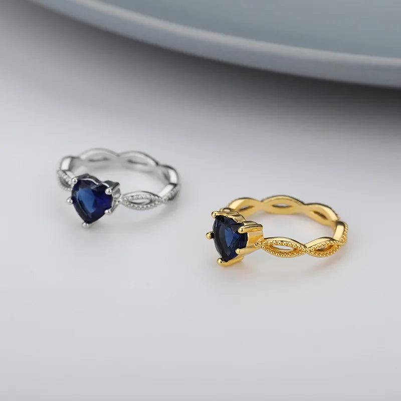 Fashion Blue Gem Heart Rings For Women Zirconia Silver Color Couple Heart Ring
