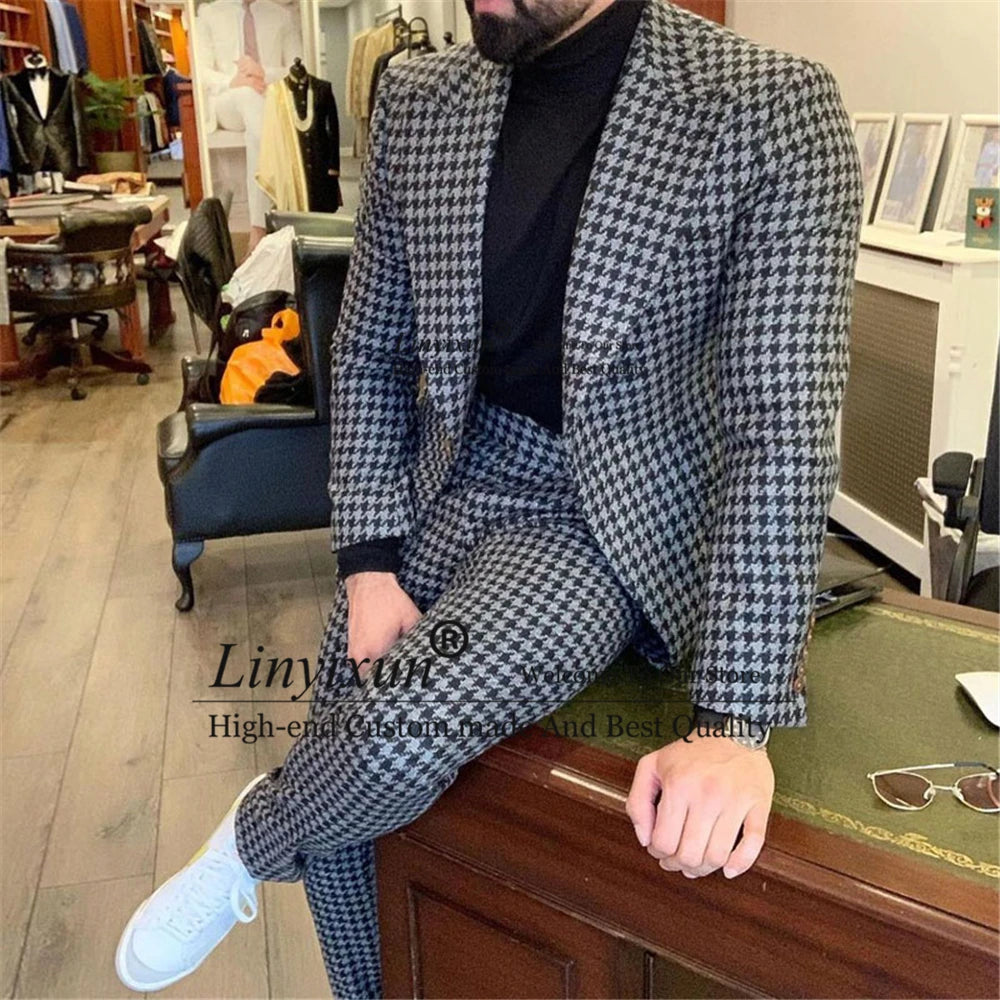 Houndstooth Mens Suit Casual Business Slim Fit Blazer Male Winter Prom Groom Wear Tuxedo 2 Piece Set Terno Masculino Jacket+Pant