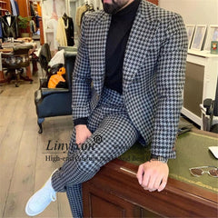 Houndstooth Mens Suit Casual Business Slim Fit Blazer Male Winter Prom Groom Wear Tuxedo 2 Piece Set Terno Masculino Jacket+Pant