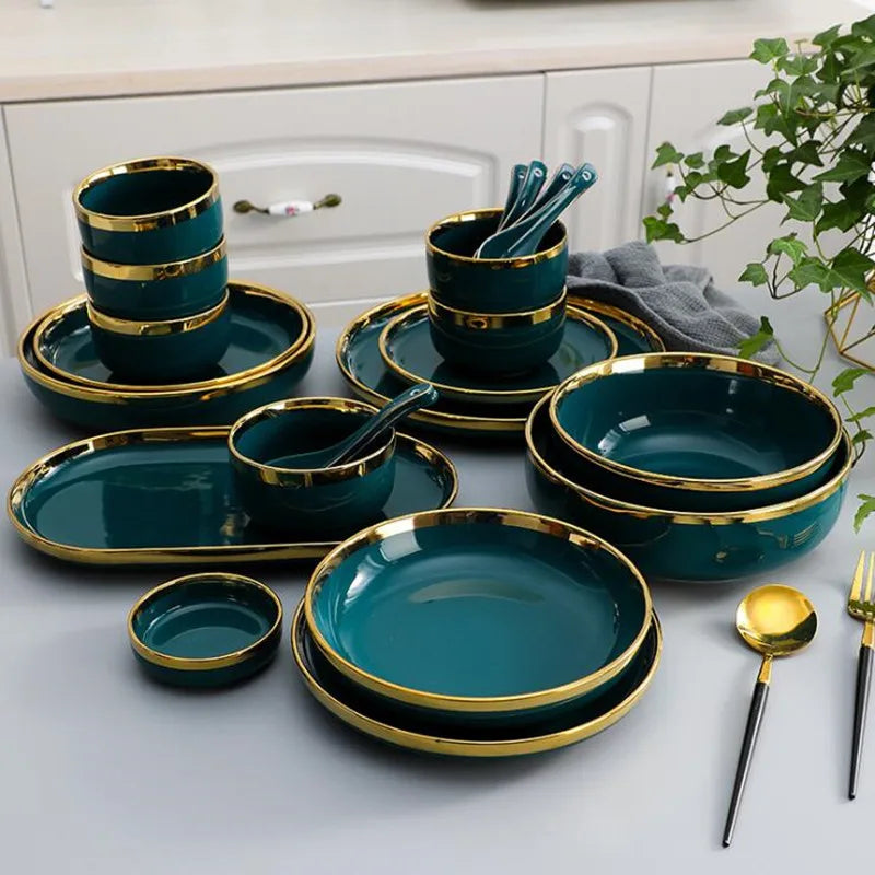 Gilt Rim Green Ceramic Plate Steak Food Plates Bowls Ins Dinner Dish