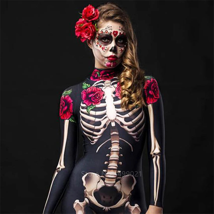 Halloween Dress Scary Costume Rose Skeleton Adult Kids Cosplay Jumpsuit