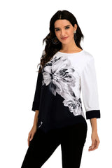 Women Shirts Fashion 3/4 Sleeve Spring Summer Blouse Flower Print O-Neck Ladies Oversized Shirt