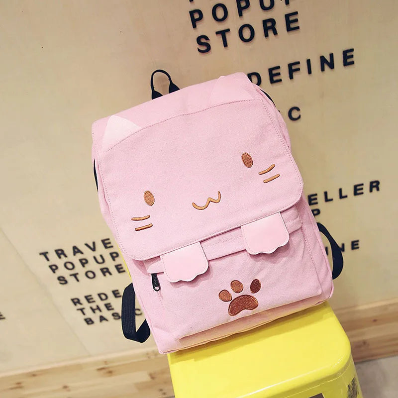 Cute Canvas Backpack Cartoon Cat Embroidery School Bag For Teenage Girls