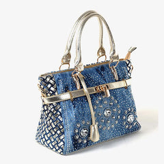 Fashion womens handbag large oxford shoulder bags patchwork jean style and crystal decoration blue bag