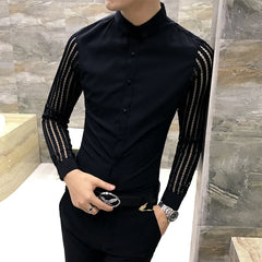 Mens Black White Lace Hollow Patchwork Shirt