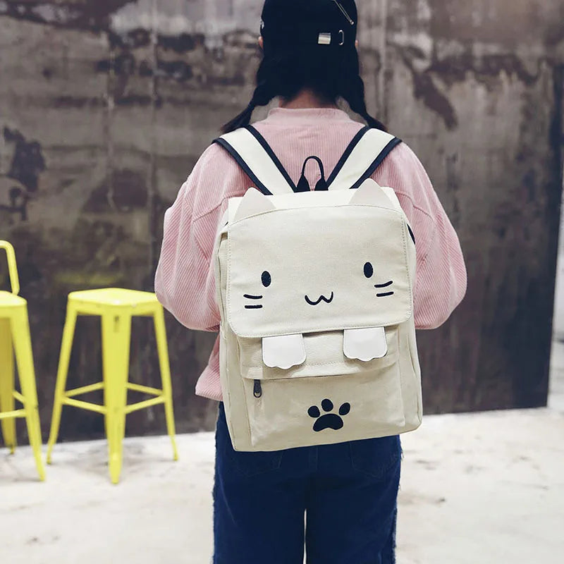 Cute Canvas Backpack Cartoon Cat Embroidery School Bag For Teenage Girls