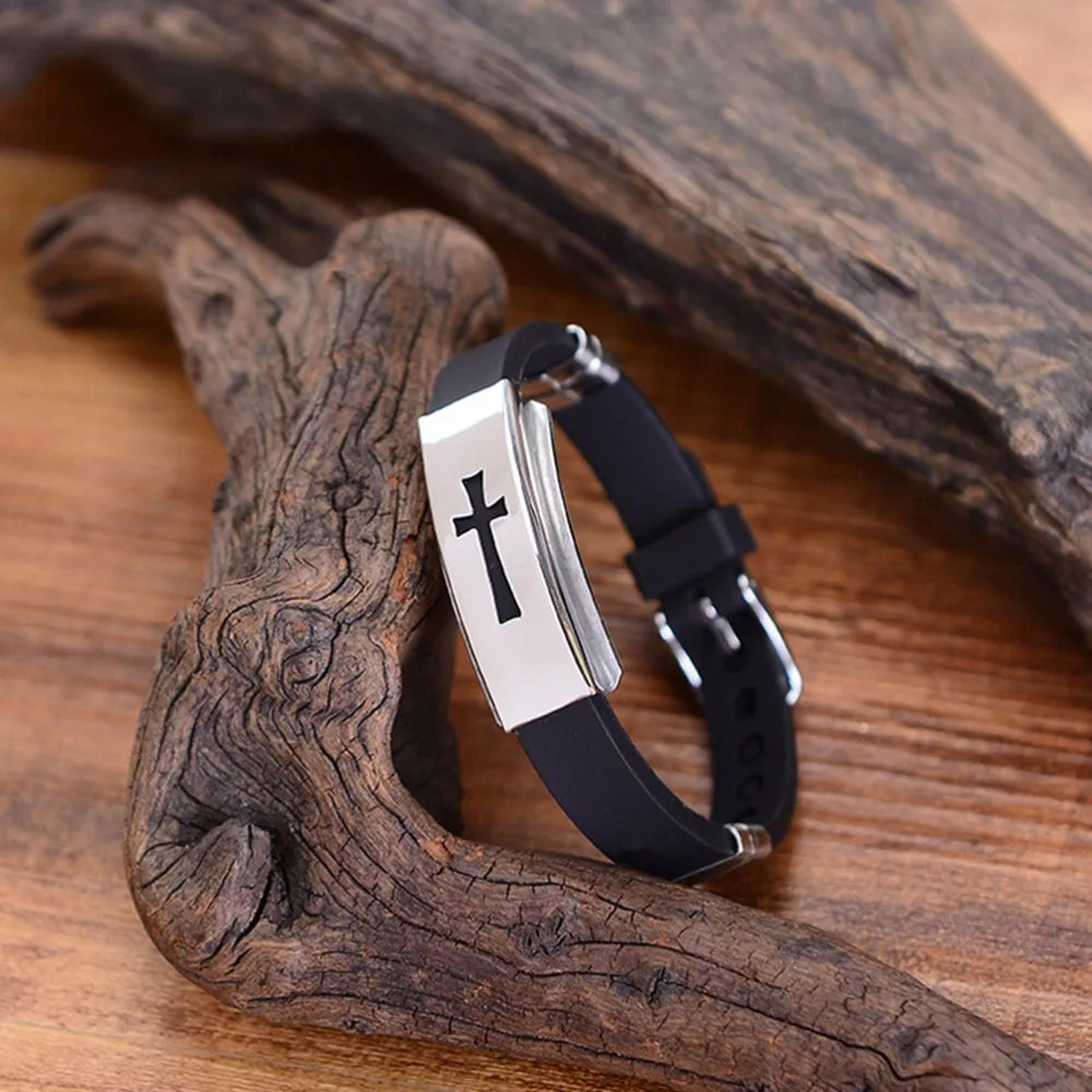 Silicone Buckle Bracelets Bangle Fashion Cool Wristband Jewelry Womens Mens Cross Stainless Steel Christian Religious Amulet