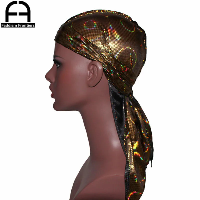 New Men's Colorful Sparkly Silky Durags Turban Bandanas Headwear Laser Men Silk DuRag