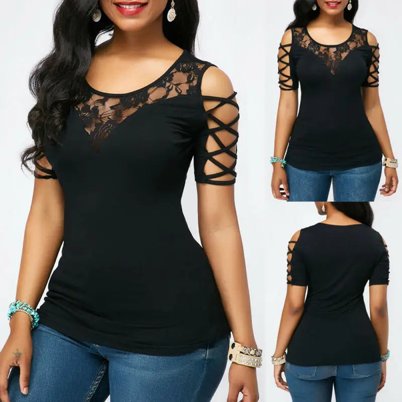 Personality Fashion  Women Cold Shoulder Round Neck T Shirts Summer Short Sleeve Floral Lace Slim Tee Tops