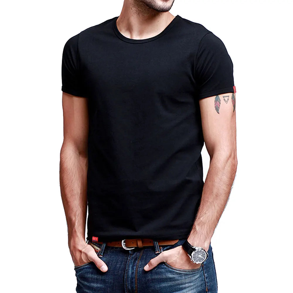 Pure Color Round Neck Short Sleeves Tshirt Spandex Cotton Male Casual Summer T Shirt