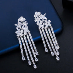 Sparkling Cubic Zirconia Pave Long Flower Tassel Drop Wedding Earrings