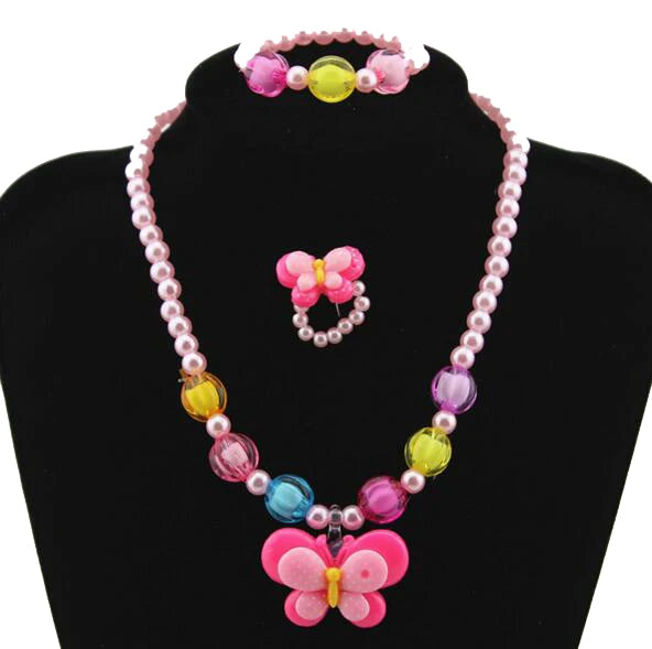 1Set=3pcs Imitation Pearl rose pink butterfly Necklace Bracelets rings kid's Children Jewelry Sets for Xmas party girl's Gift