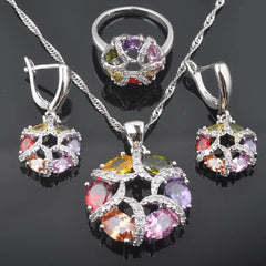 Newst Charming Multicolor Zirconia Jewelry Sets For Women Bracelet Necklace Pendant Earrings Ring Set