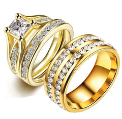 Princess Cut Cubic Zirconia Couples Rings Stainless Steel Wedding Ring Set