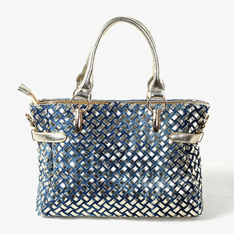 Fashion womens handbag large oxford shoulder bags patchwork jean style and crystal decoration blue bag