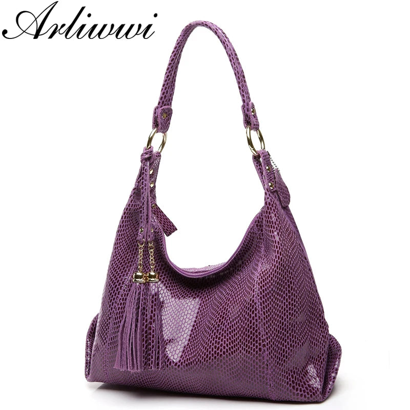 Cow Leather Lady Crossbody Tassel Handbags Shiny Snake Embossed Shoulder Tote Bags For Women GY11