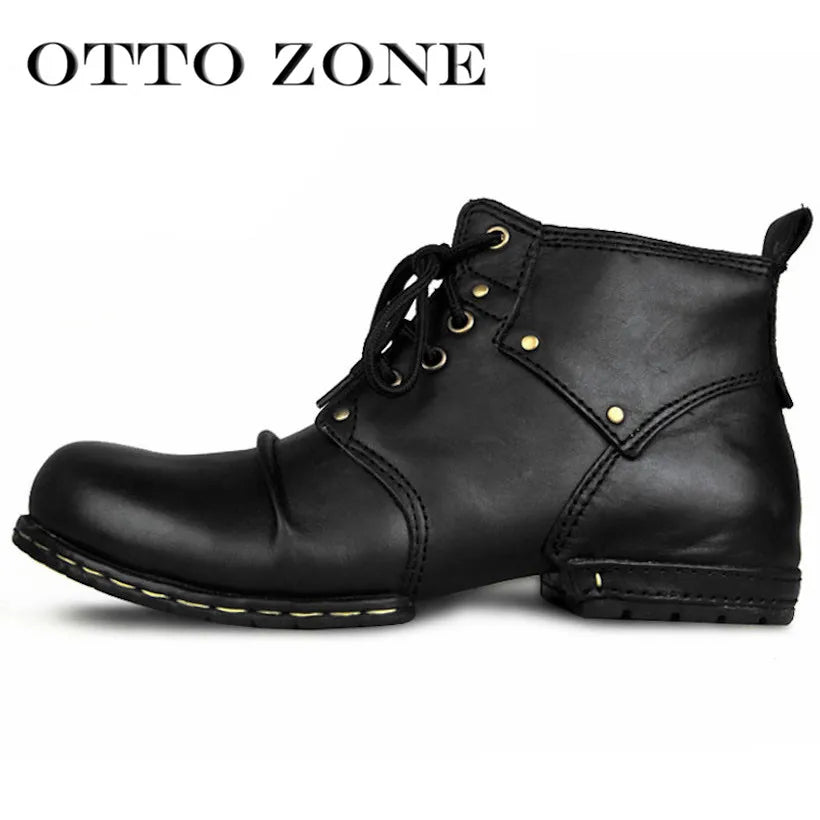 Rivet Spring Boots With Fur Genuine Cow Leather Men's Fashion Shoes