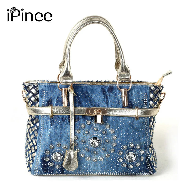 Fashion womens handbag large oxford shoulder bags patchwork jean style and crystal decoration blue bag