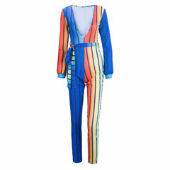 Women Striped Jumpsuit Plus size Clothing V-neck Bodysuit Sashes