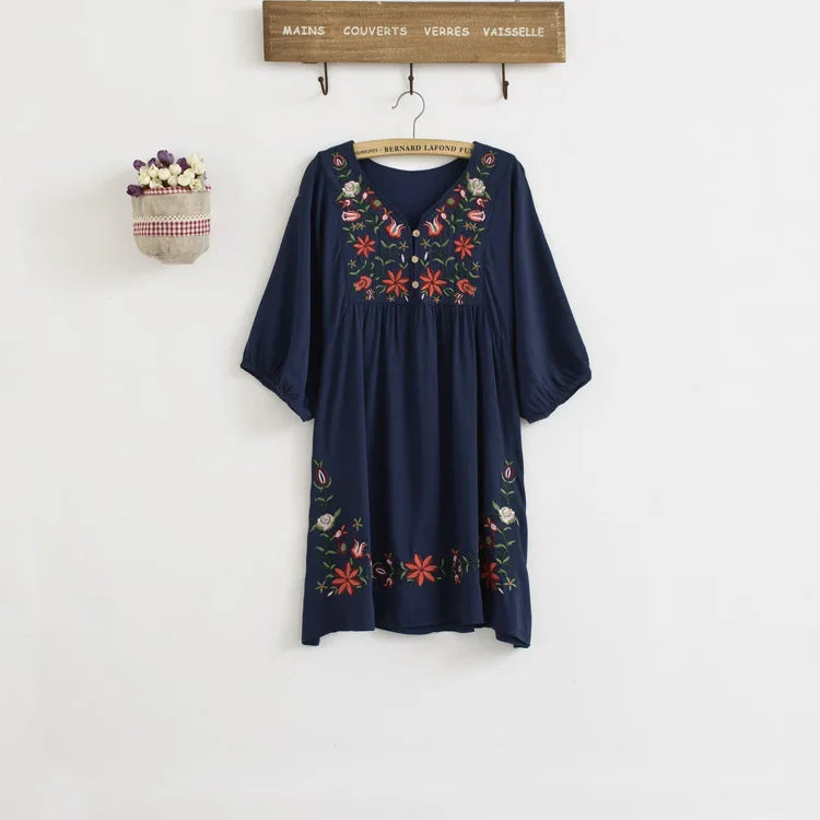 Ethnic Floral EMBROIDERED Hippie BOHO Mexican puff slv Loose DRESS