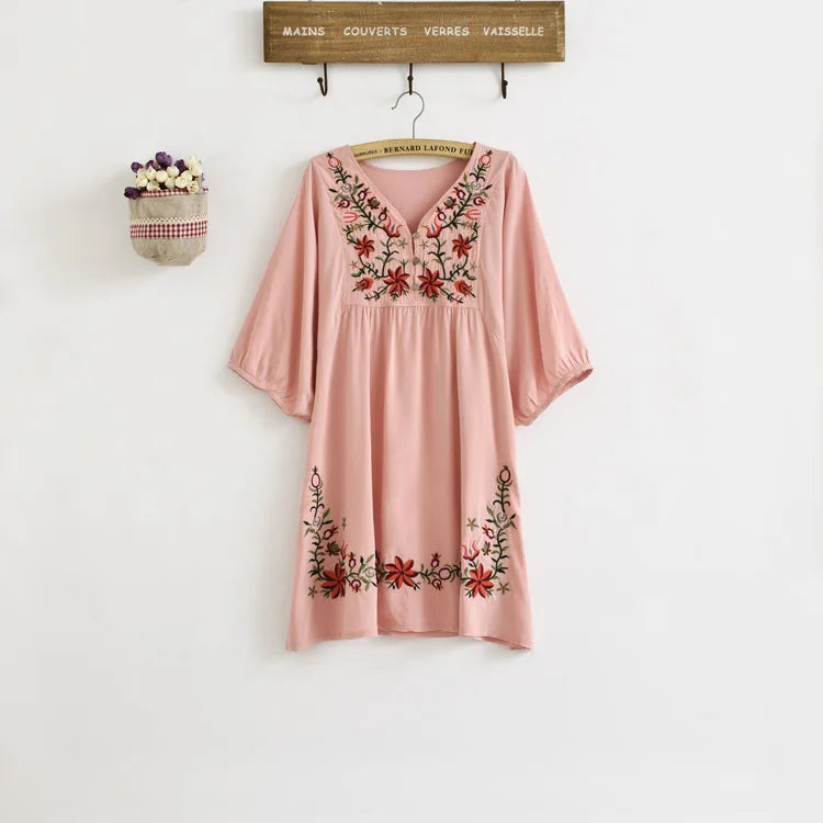 Ethnic Floral EMBROIDERED Hippie BOHO Mexican puff slv Loose DRESS