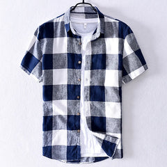 New Design Short-sleeved Linen Plaid Shirt for Men