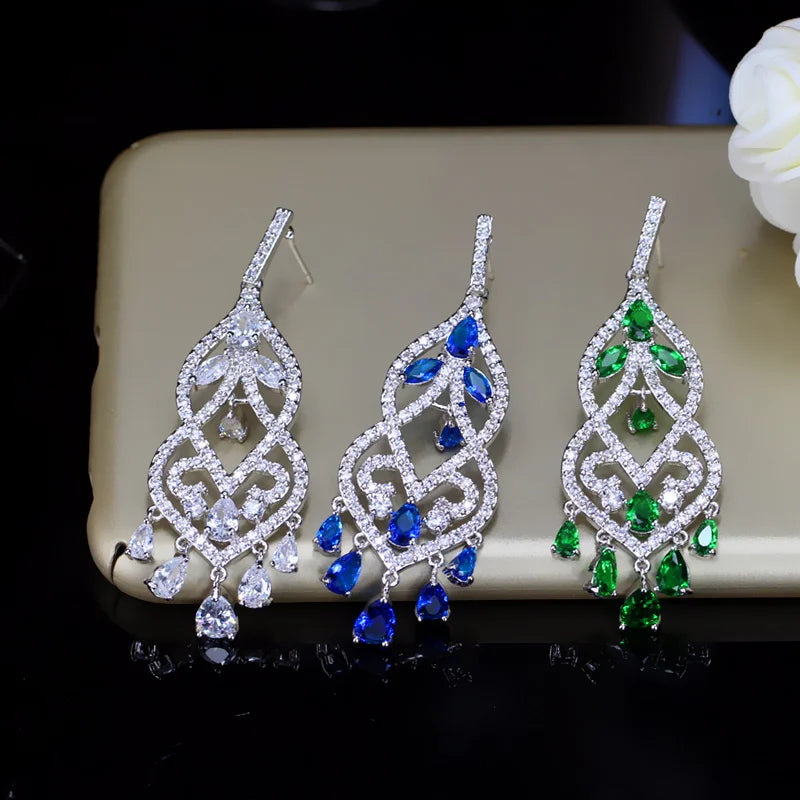 Women Jewelry Noble Green Cubic Zircon Long Drop Bridal Wedding Chandelier Earrings for Brides