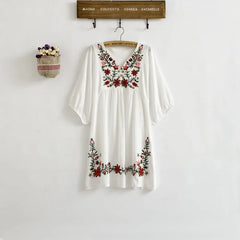 Ethnic Floral EMBROIDERED Hippie BOHO Mexican puff slv Loose DRESS