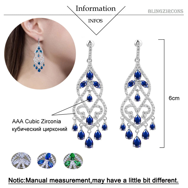 Women Jewelry Noble Green Cubic Zircon Long Drop Bridal Wedding Chandelier Earrings for Brides