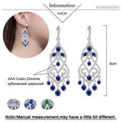 Women Jewelry Noble Green Cubic Zircon Long Drop Bridal Wedding Chandelier Earrings for Brides