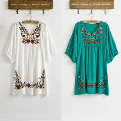 Ethnic Floral EMBROIDERED Hippie BOHO Mexican puff slv Loose DRESS