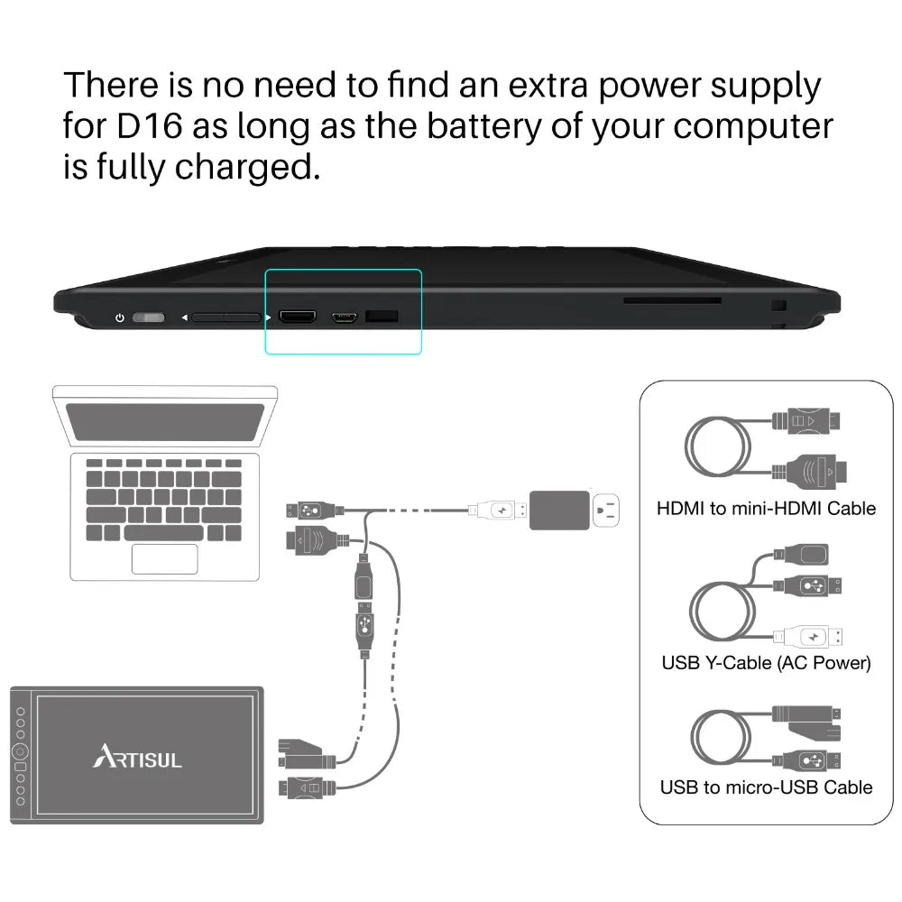 Artisul D16 15.6 inch Graphic Tablet for Drawing with 8192 Levels Battery-Free Pen Digital Pen Display Monitor with Express Keys