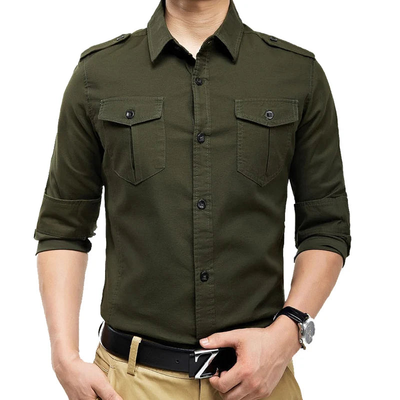 Military Slim Fit Mens Long Sleeve Cargo Shirts