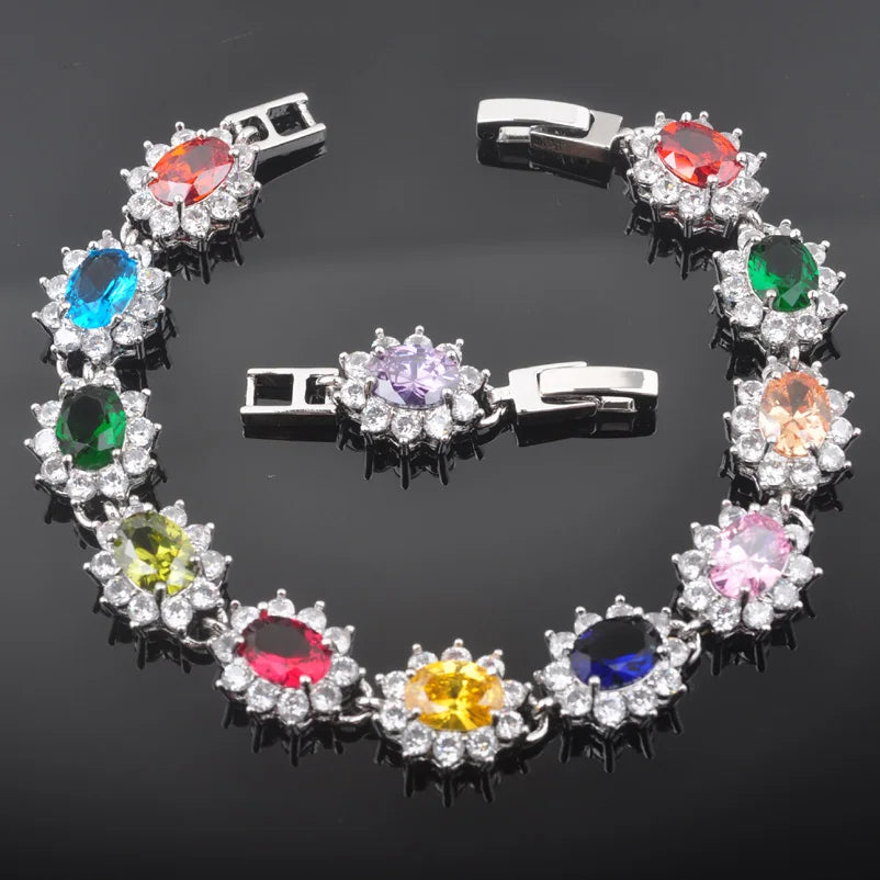 Newst Charming Multicolor Zirconia Jewelry Sets For Women Bracelet Necklace Pendant Earrings Ring Set