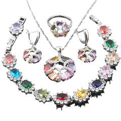 Newst Charming Multicolor Zirconia Jewelry Sets For Women Bracelet Necklace Pendant Earrings Ring Set