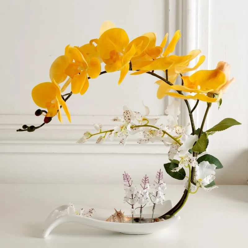 Butterfly Orchid Artificial Flowers Set Fake Flower Ceramic Vase