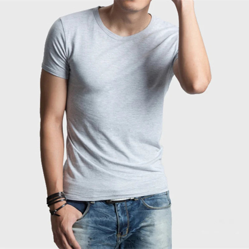 Brand New Men's T Shirt Pure Color Lycra Cotton Short Sleeved T-Shirt Male Round Neck Tops Cotton Bottoming Shirt