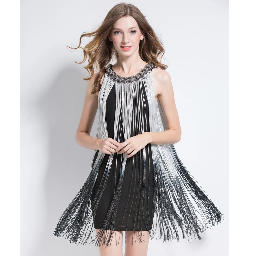 Great Gatsby Ombre Metal Chain Halter Black Dress