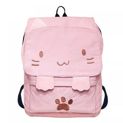 Cute Canvas Backpack Cartoon Cat Embroidery School Bag For Teenage Girls