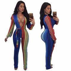 Women Striped Jumpsuit Plus size Clothing V-neck Bodysuit Sashes