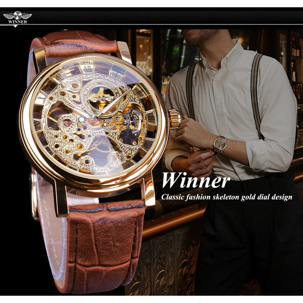 Winner Transparent Golden Case Luxury Casual Design Brown Leather Strap Mens Watches