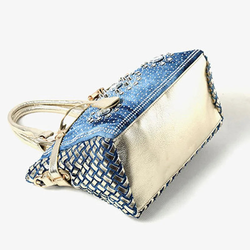 Fashion womens handbag large oxford shoulder bags patchwork jean style and crystal decoration blue bag